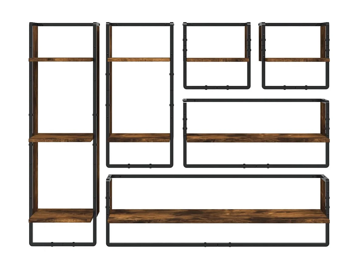 Juego de estantes de pared de 6 piezas con barras, roble ahumado