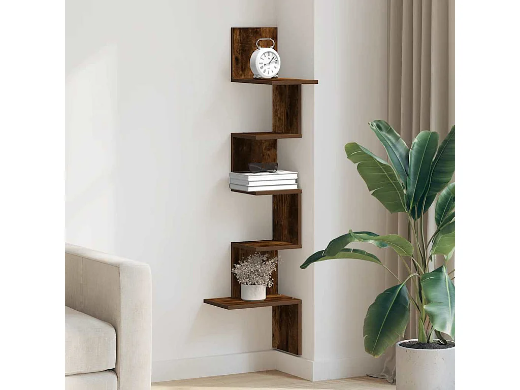 Estante de esquina de pared de roble ahumado de madera de ingeniería