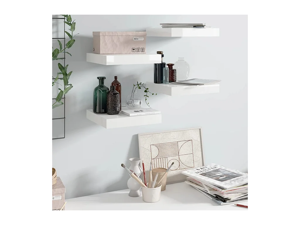 Mensola da parete sospesa 4 pezzi Bianco lucido 23x23,5x3,8 cm MDF