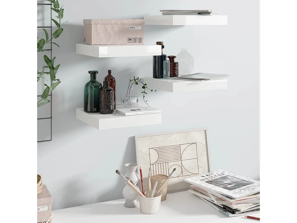 Estante flotante de pared 4 piezas blanco brillante 23x23,5x3,8cm MDF