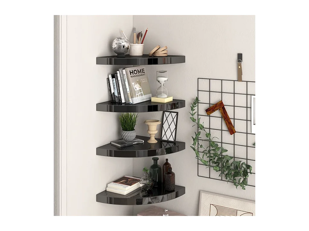 Zwevende hoekplanken 4 stuks glanzend zwart 35x35x3,8cm MDF