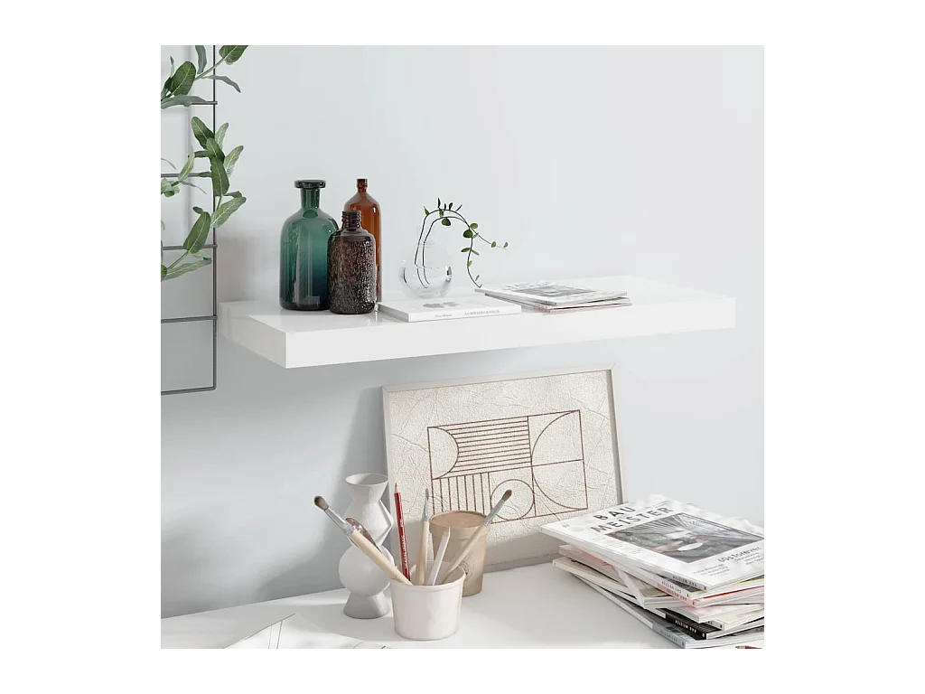 Mensola sospesa da parete Bianco lucido 60x23,5x3,8 cm MDF