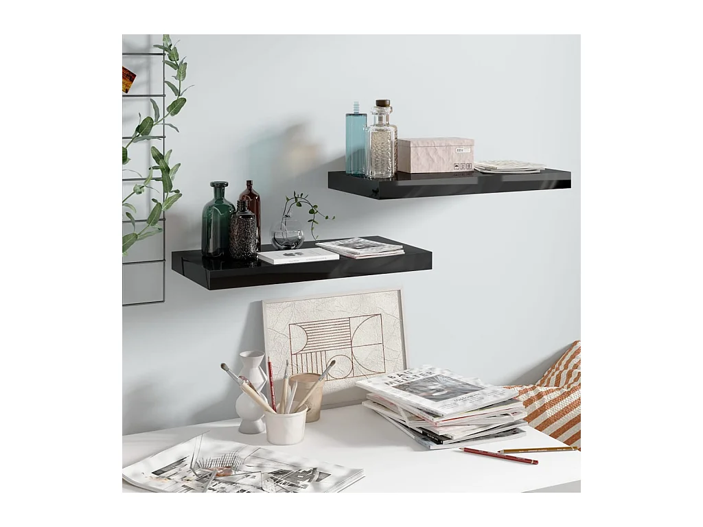 Mensola sospesa da parete 2 pezzi Nero lucido 50x23x3,8 cm MDF