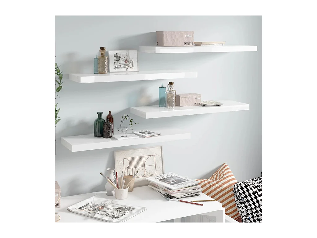 Estante flotante de pared 4 piezas blanco brillante 80x23,5x3,8cm MDF