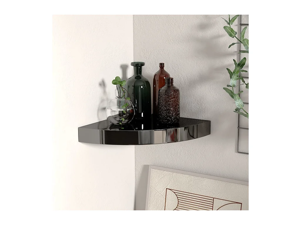 323889 Zwevende hoekplank hoogglans zwart 25x25x3,8 cm MDF