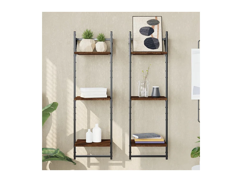 Estantes de pared de 3 niveles con barras, 2 piezas, roble marrón