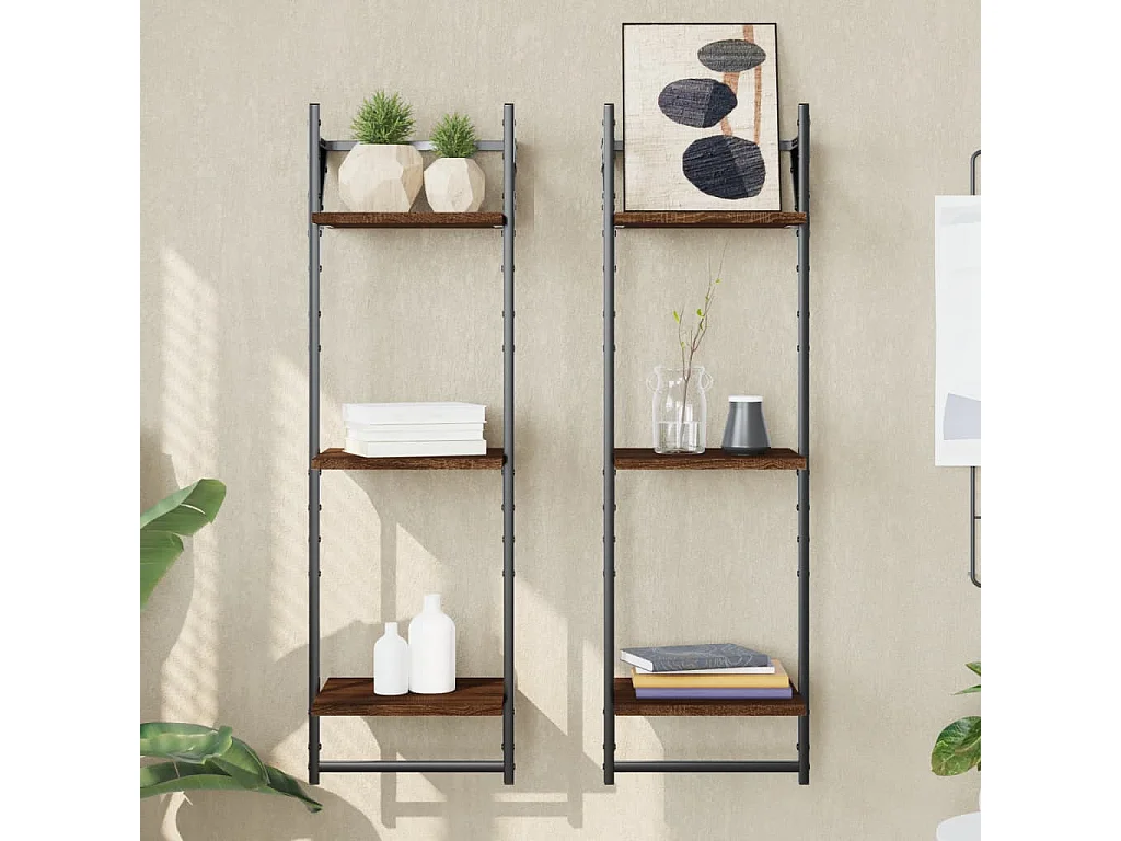 Estantes de pared de 3 niveles con barras, 2 piezas, roble marrón
