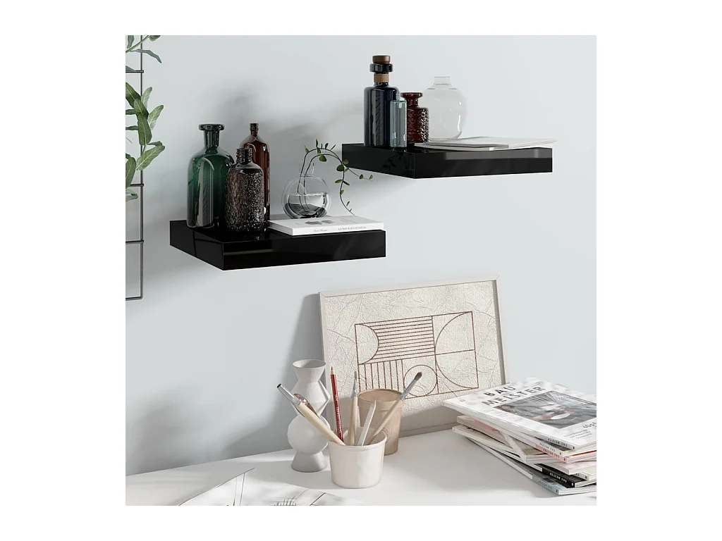 Mensola da parete sospesa 2 pezzi Nero lucido 23x23,5x3,8 cm MDF