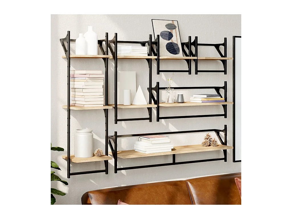 Set di 6 mensole da parete con barre, rovere Sonoma