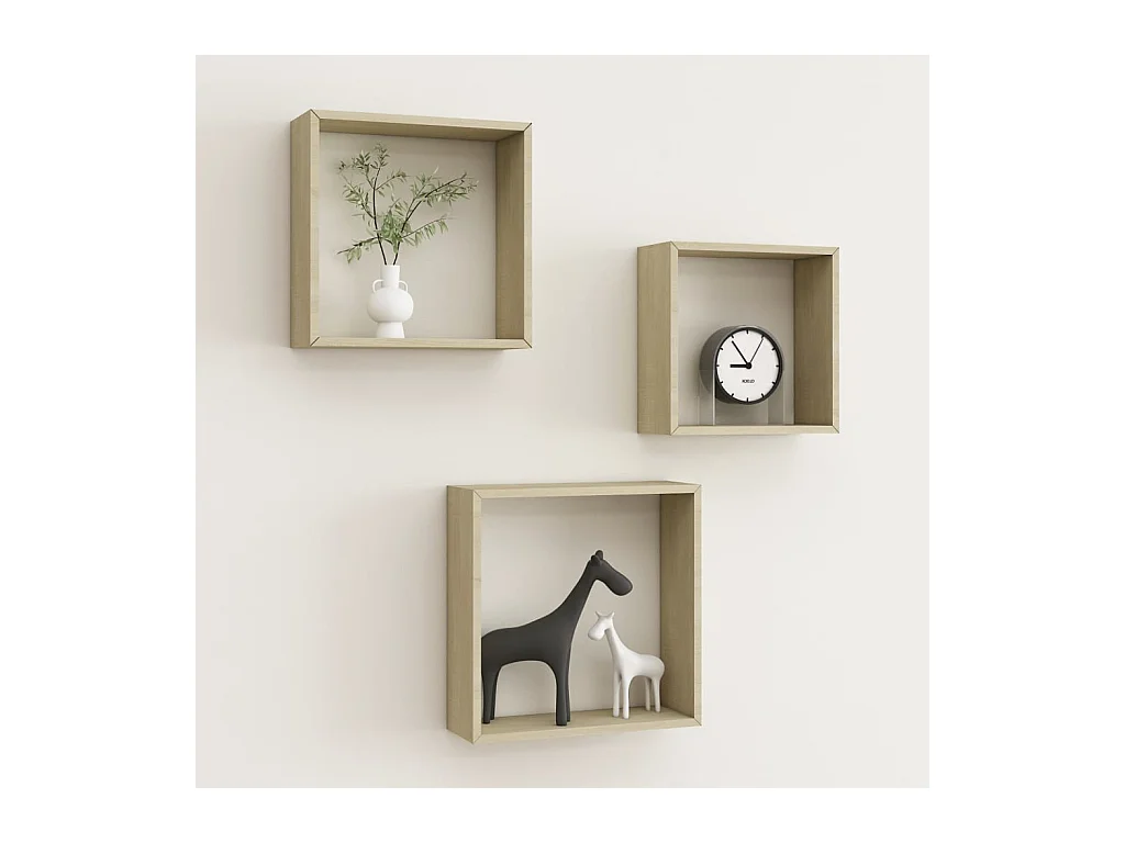 Estantes de pared cúbicos de 3 piezas, roble Sonoma