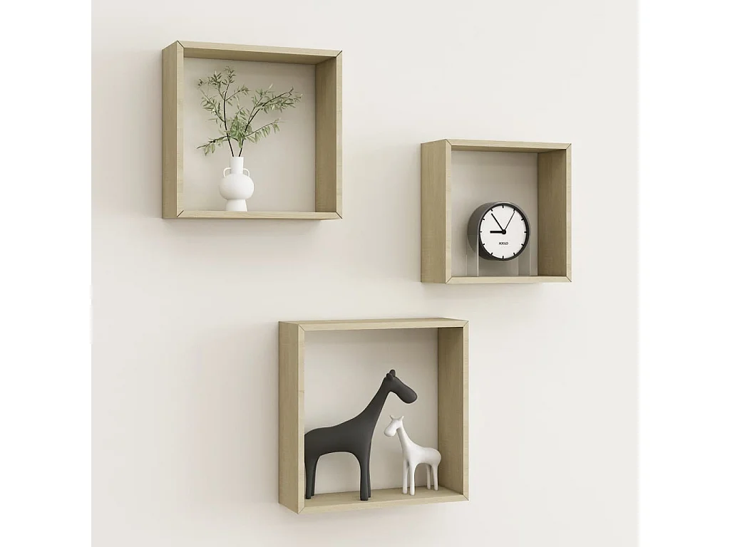 Estantes de pared cúbicos de 3 piezas, roble Sonoma