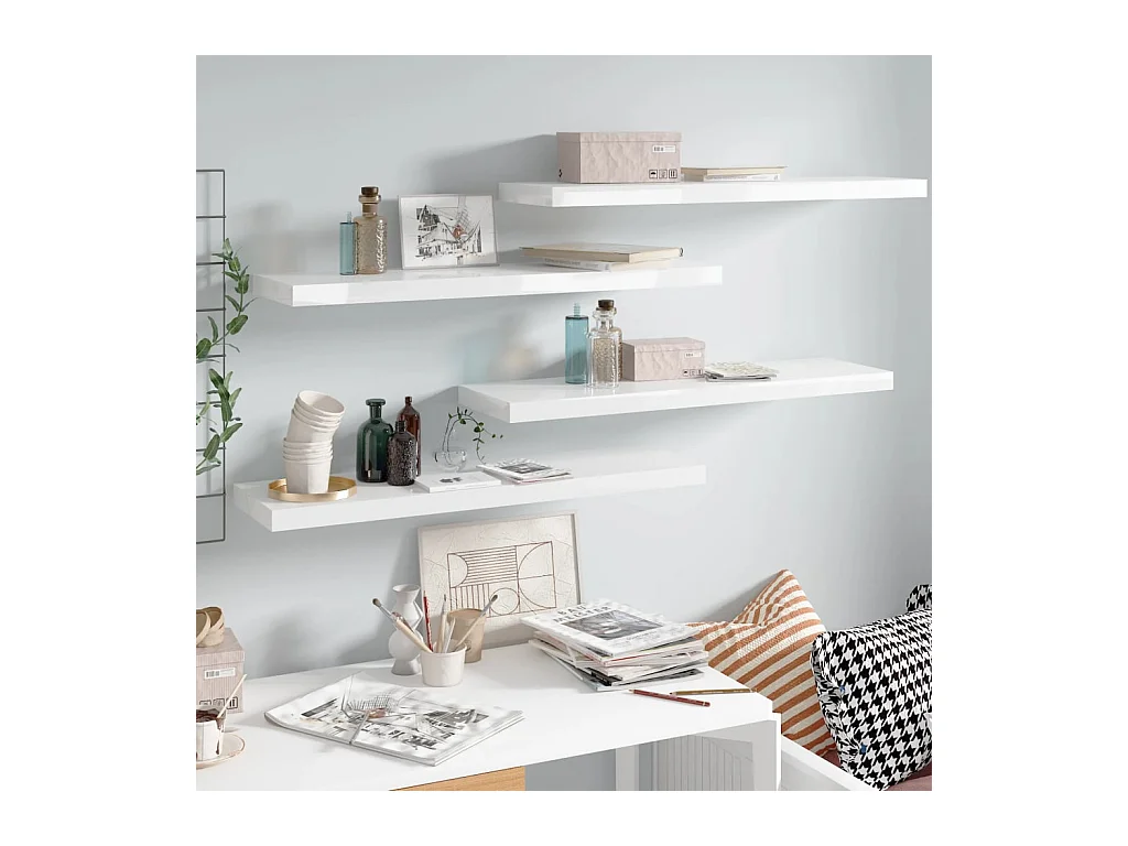 Mensola da parete sospesa 4 pezzi Bianco lucido 90x23,5x3,8cm MDF