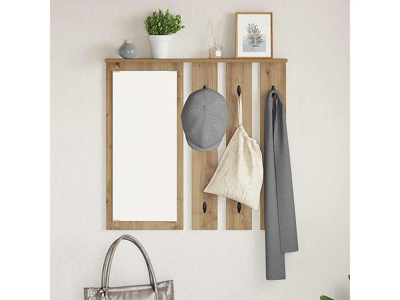 Perchero de pared con espejo, roble artesanal, 84 x 10 x 80 cm