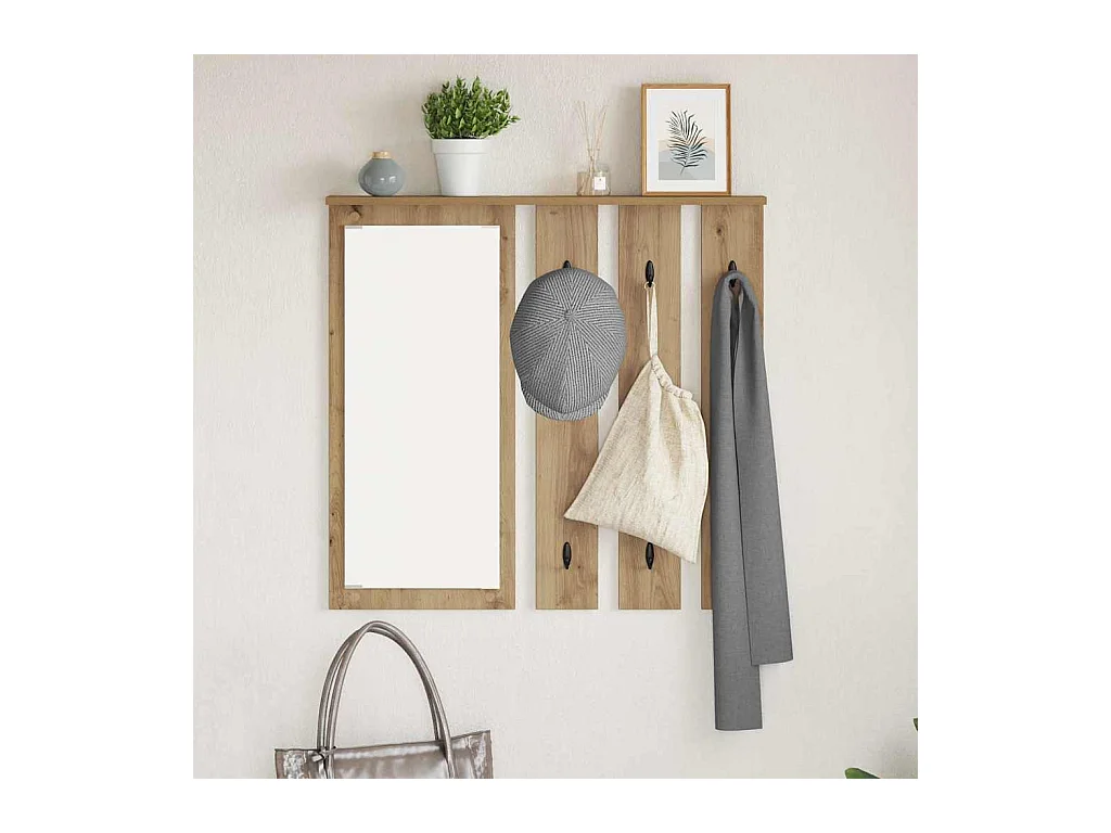 Perchero de pared con espejo, roble artesanal, 84 x 10 x 80 cm