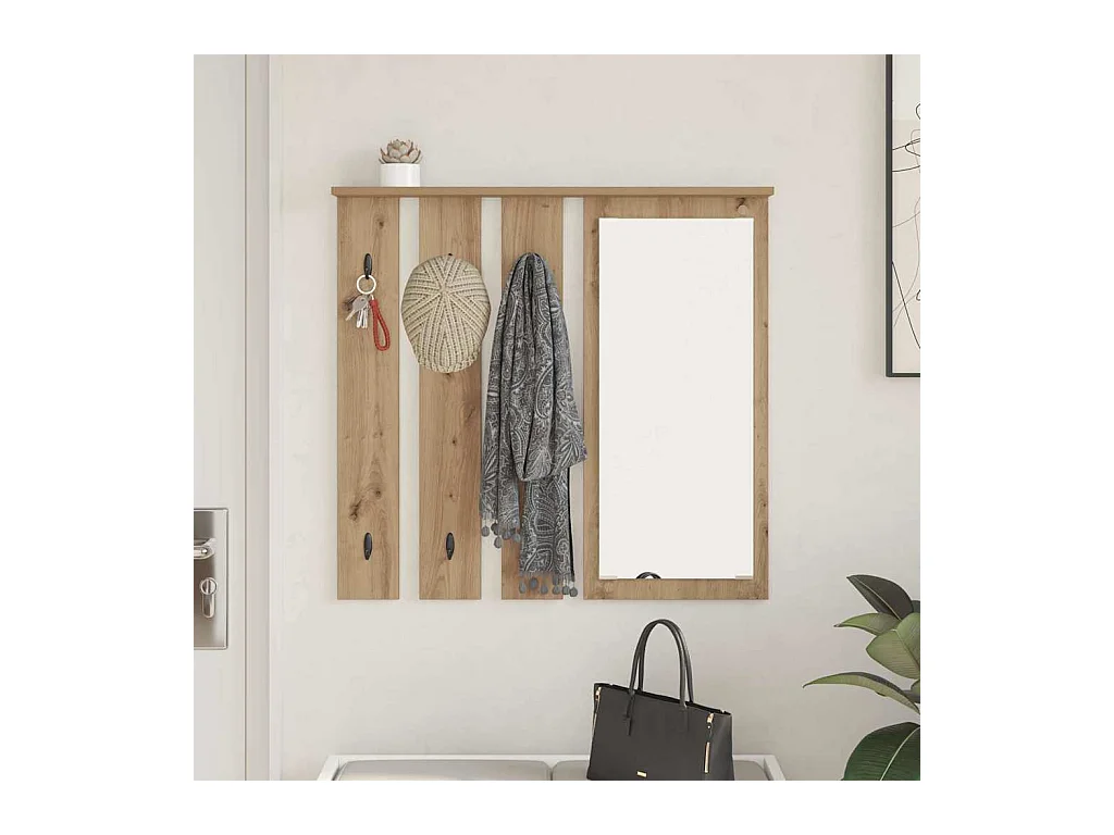 Perchero de pared con espejo, roble artesanal, 84 x 10 x 80 cm