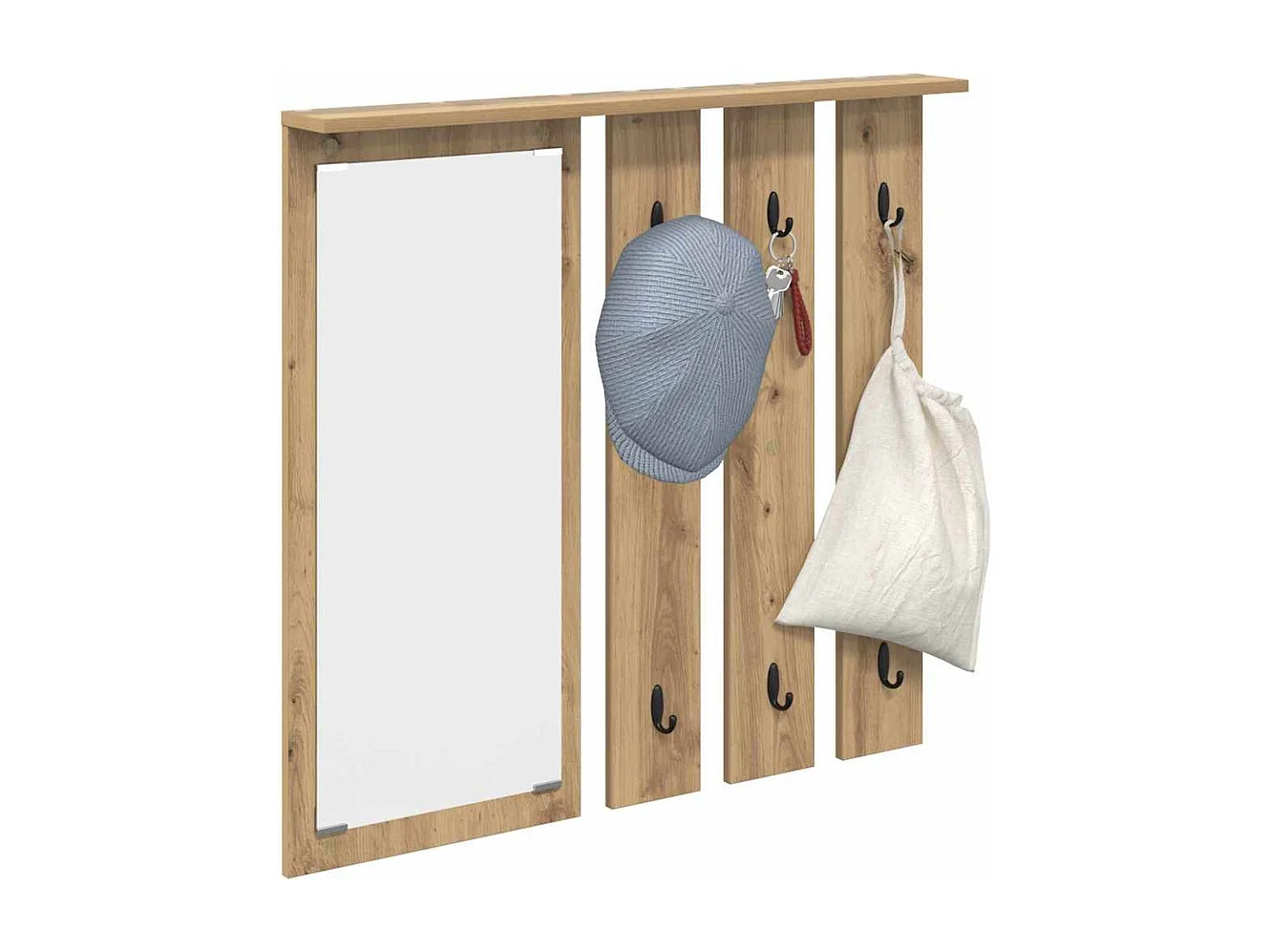 Appendiabiti da parete con specchio, rovere lavorato a mano, 84 x 10 x 80 cm