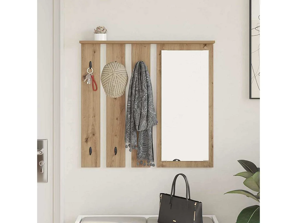 Appendiabiti da parete con specchio, rovere lavorato a mano, 84 x 10 x 80 cm