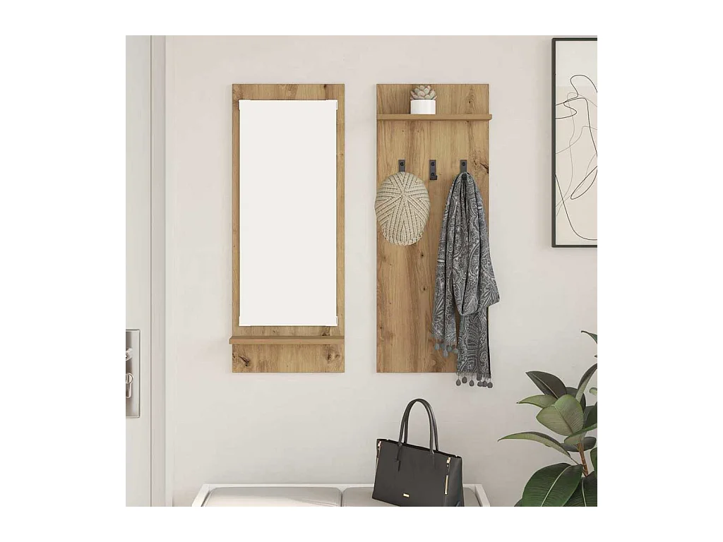 Perchero de pared con espejo, roble artesanal, 70 x 10 x 90 cm