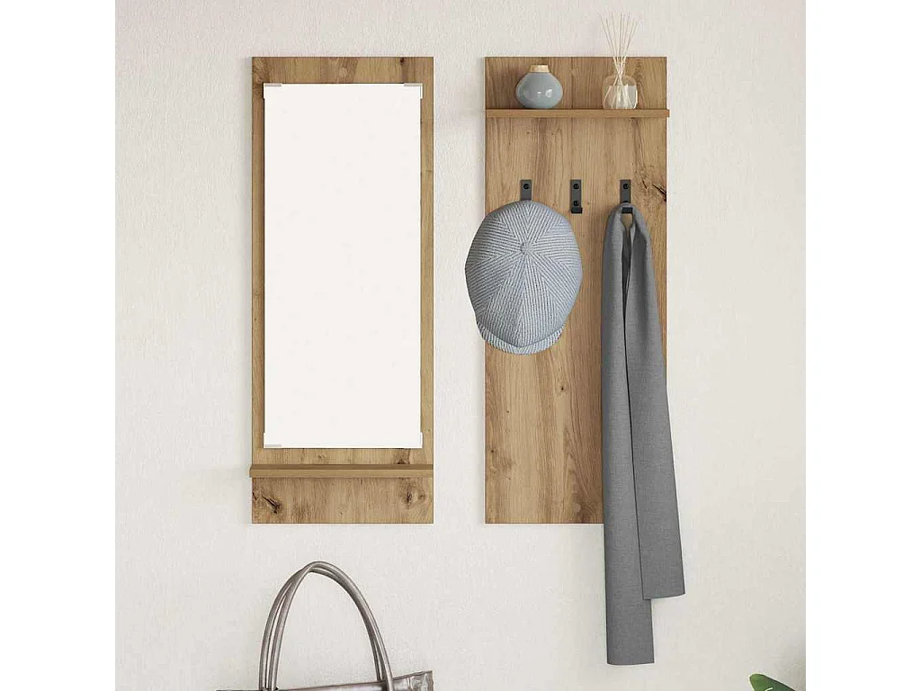 Perchero de pared con espejo, roble artesanal, 70 x 10 x 90 cm