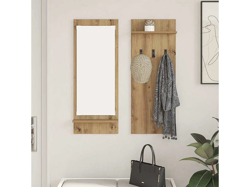 Appendiabiti da parete con specchio, rovere lavorato a mano, 70 x 10 x 90 cm
