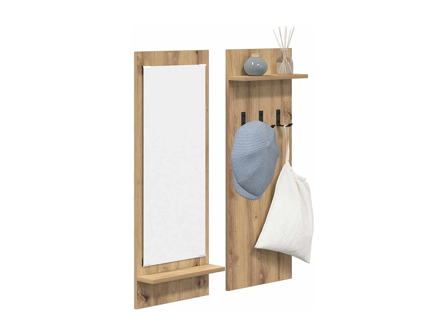 Appendiabiti da parete con specchio, rovere lavorato a mano, 70 x 10 x 90 cm