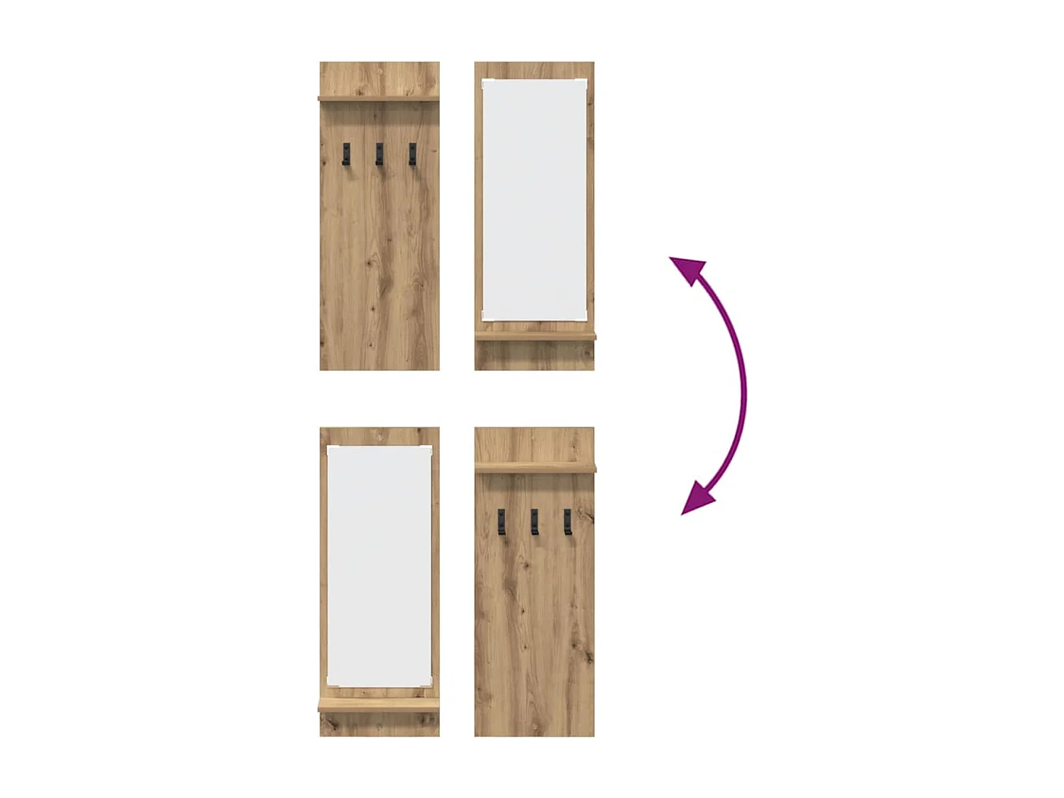 Appendiabiti da parete con specchio, rovere lavorato a mano, 70 x 10 x 90 cm