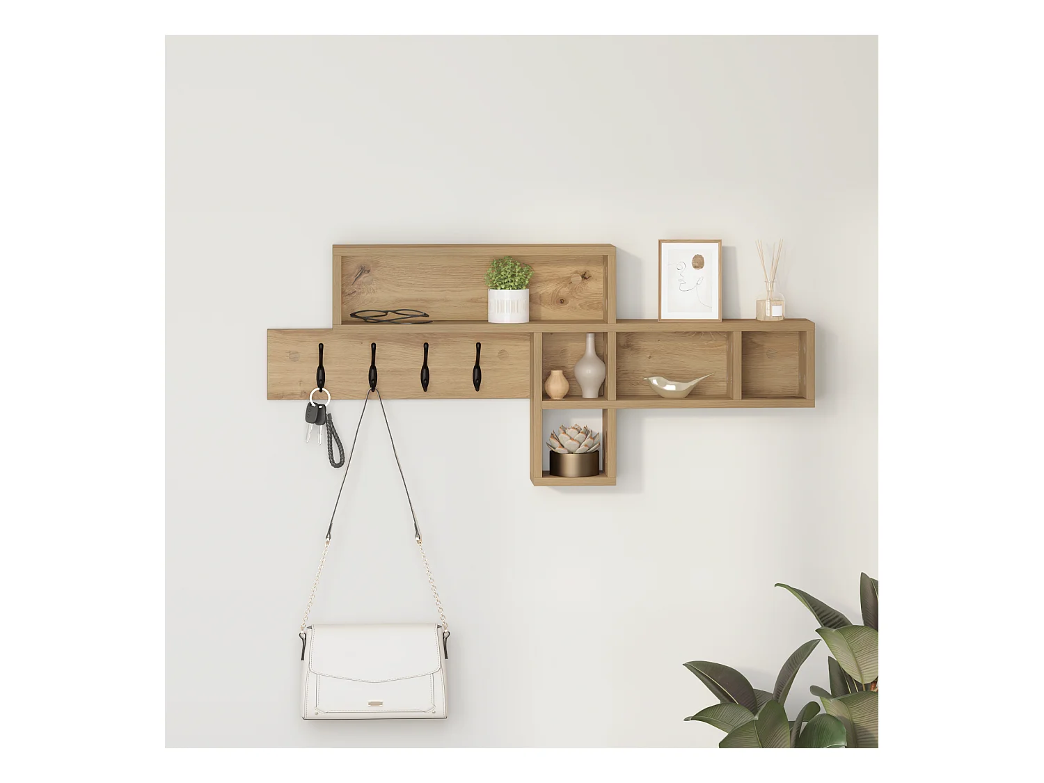 Perchero de pared de roble hecho a mano 100 x 12 x 43,5 cm