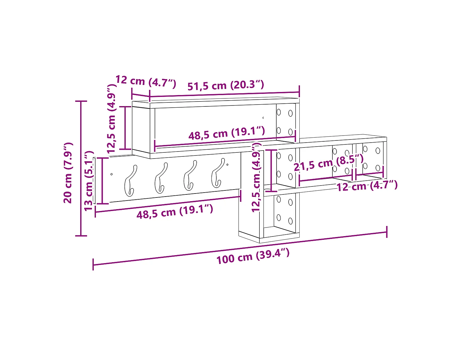 Appendiabiti da parete in rovere fatto a mano 100 x 12 x 43,5 cm