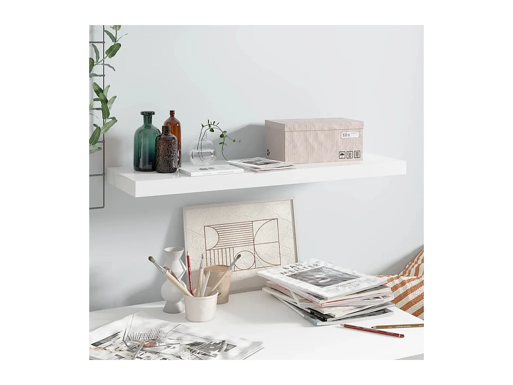 Mensola sospesa da parete Bianco lucido 80x23,5x3,8 cm MDF