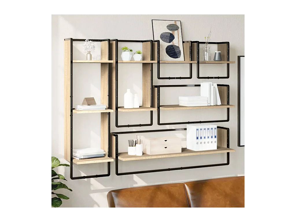 Set di 6 mensole da parete con barre, rovere Sonoma