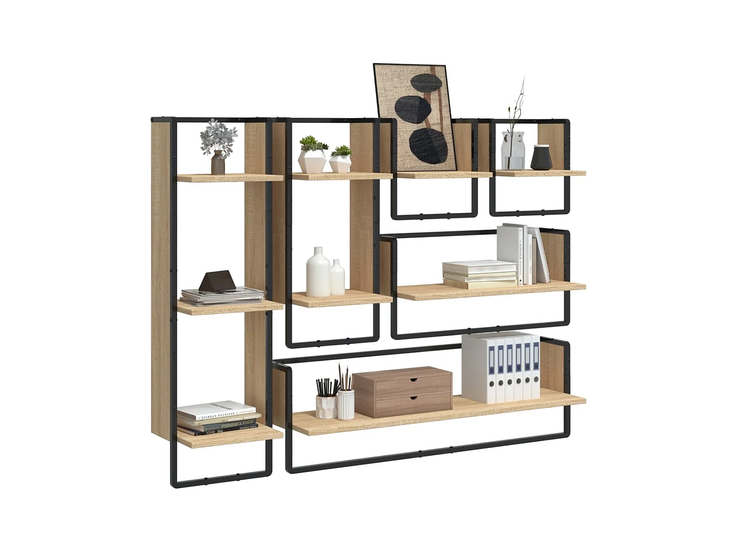 Set di 6 mensole da parete con barre, rovere Sonoma