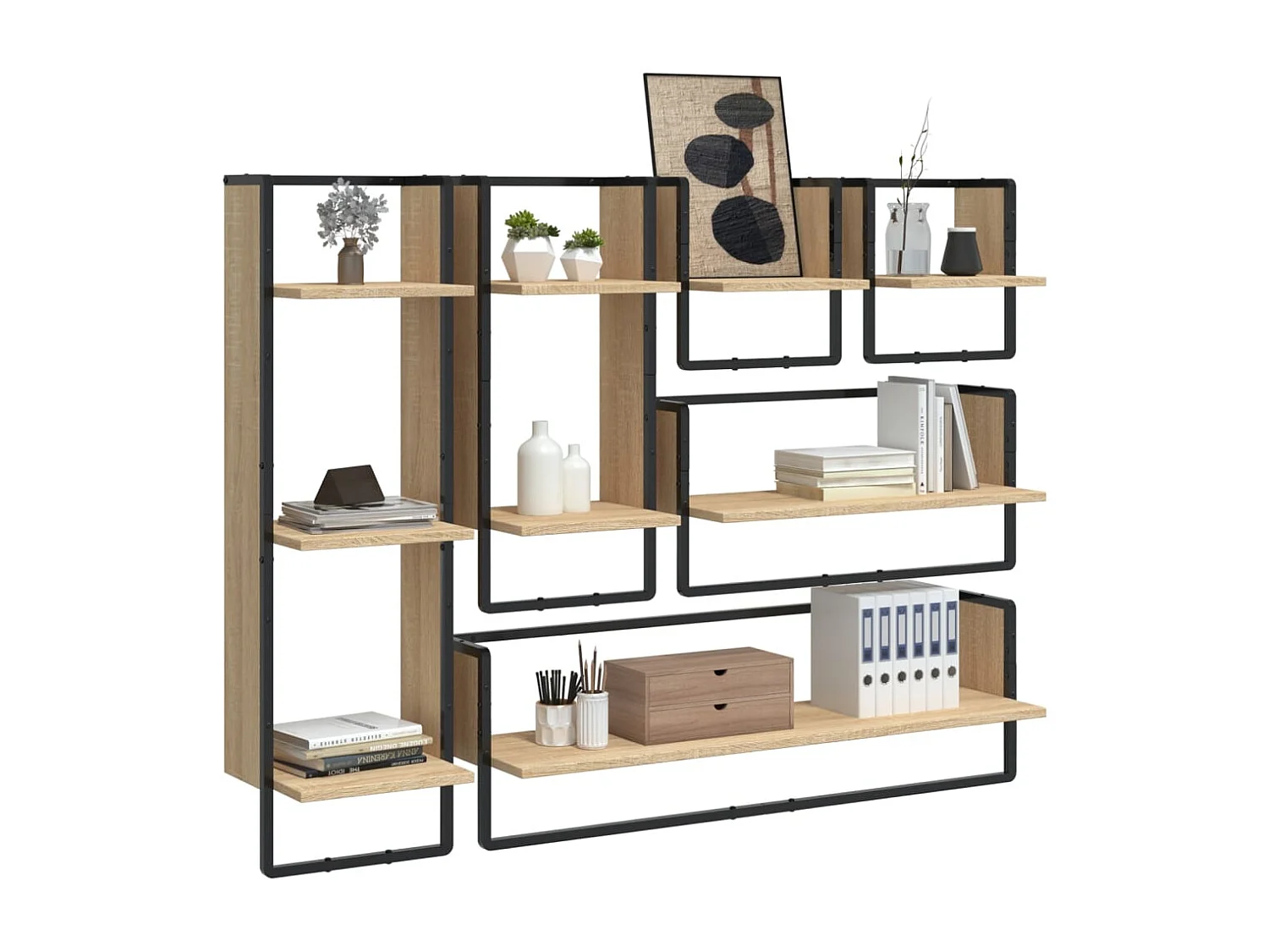 Juego de estantes de pared de 6 piezas con barras, roble Sonoma