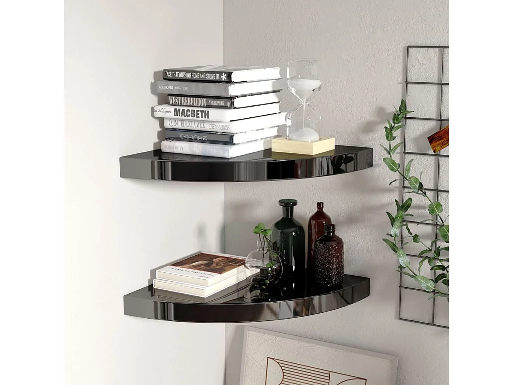 Étagères d'angle flottantes 2pcs noir brillant 35x35x3,8 cm MDF