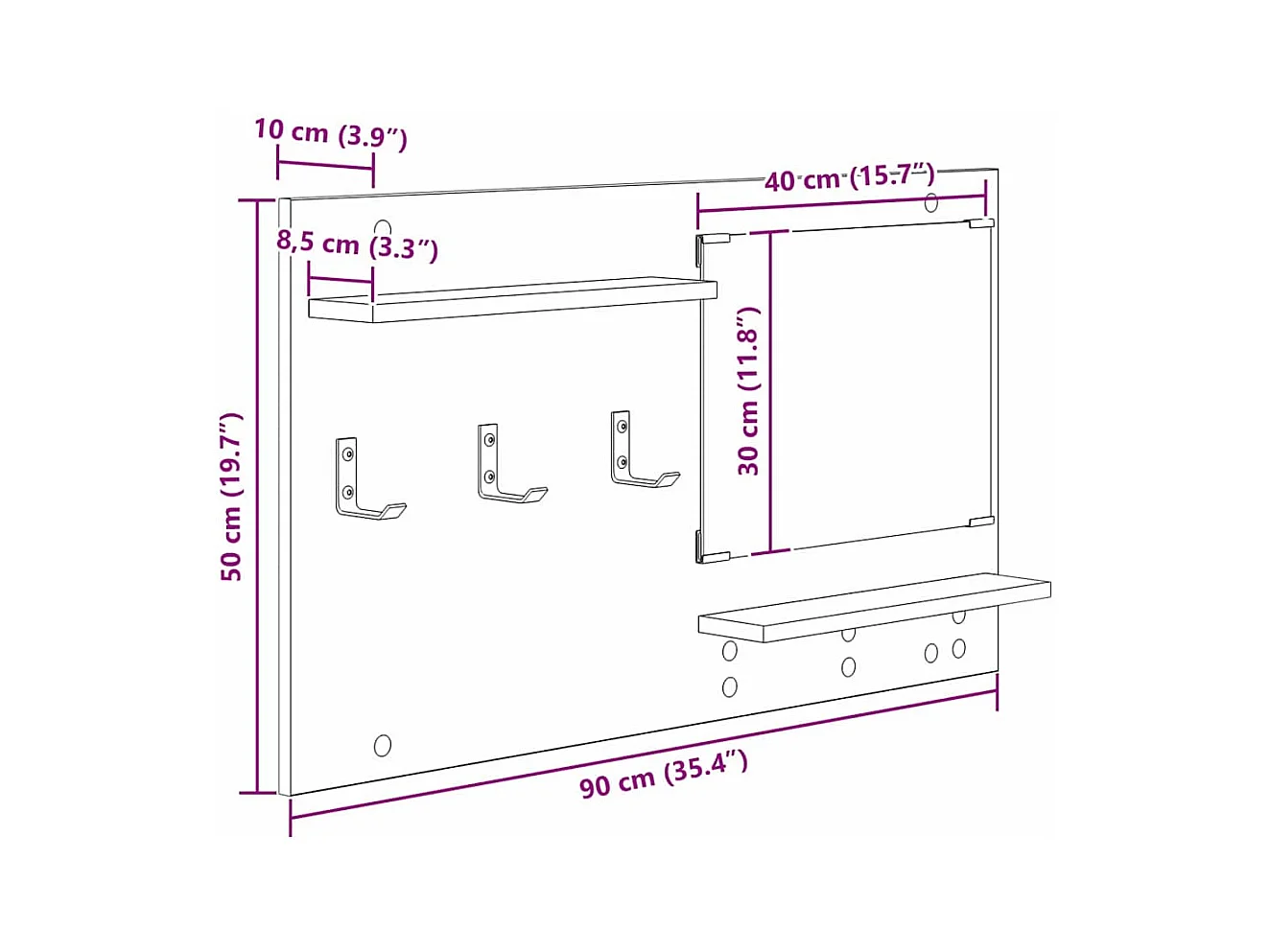 Appendiabiti da parete con ripiano Rovere nero 90 x 10 x 50 cm