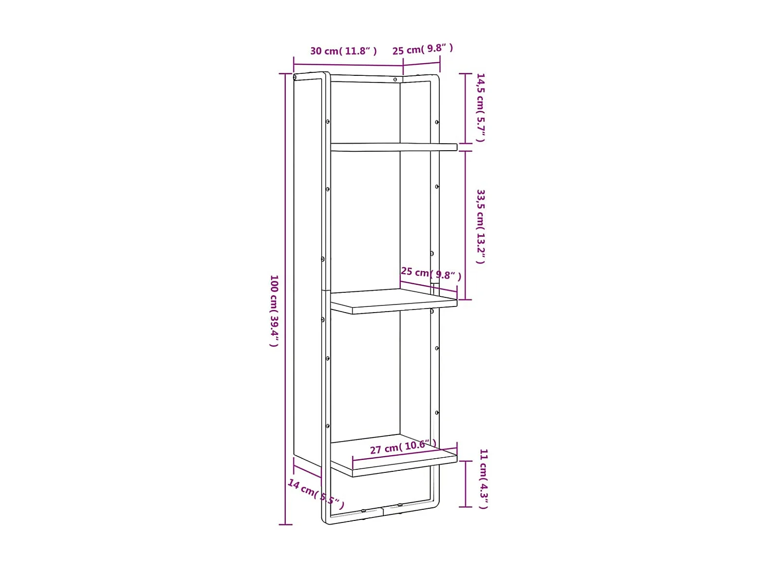 Mensola da parete a 3 ripiani, rovere marrone, 30x25x100 cm