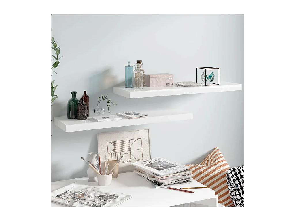Mensola da parete sospesa 2 pezzi Bianco lucido 80x23,5x3,8cm MDF