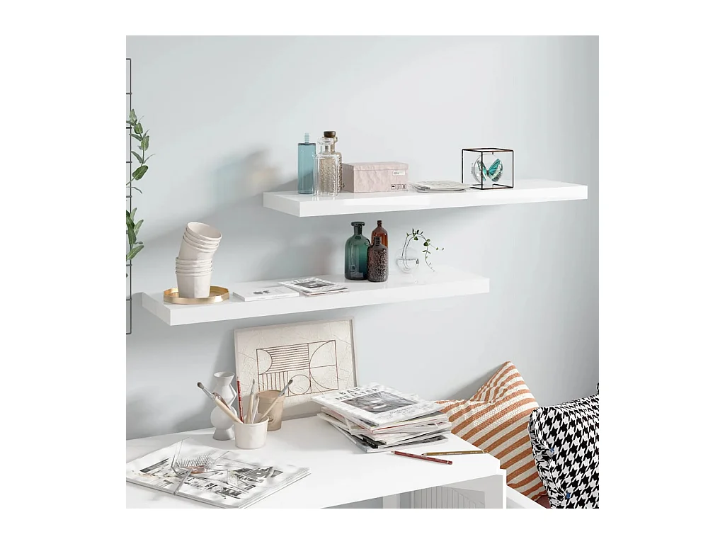 Mensola da parete sospesa 2 pezzi Bianco lucido 90x23,5x3,8cm MDF