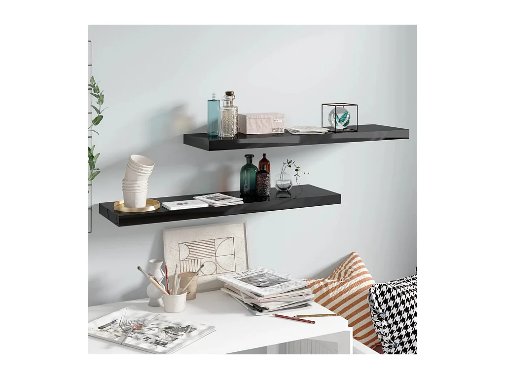 Mensola sospesa da parete 2 pezzi Nero lucido 90x23,5x3,8 cm MDF