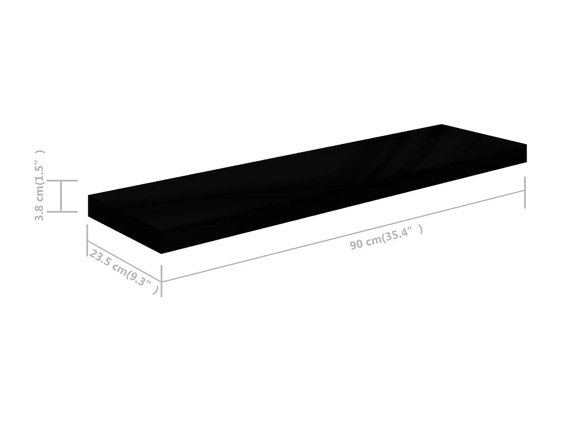 Mensola sospesa da parete 2 pezzi Nero lucido 90x23,5x3,8 cm MDF