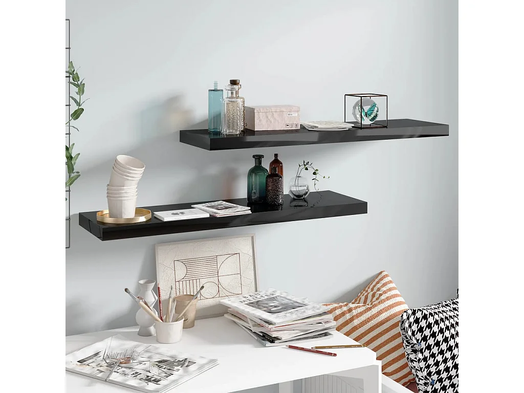 Mensola sospesa da parete 2 pezzi Nero lucido 90x23,5x3,8 cm MDF