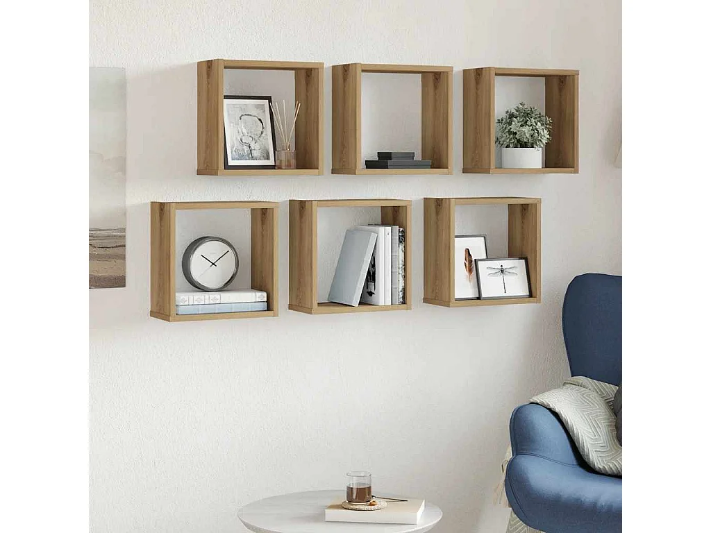 Wandplanken in kubusvorm, 6-delig, handgemaakt eikenhout, bewerkt hout