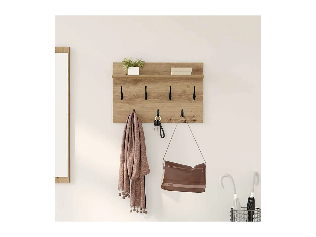 Porte-manteau mural chêne artisanal 60 x 40 x 12 cm