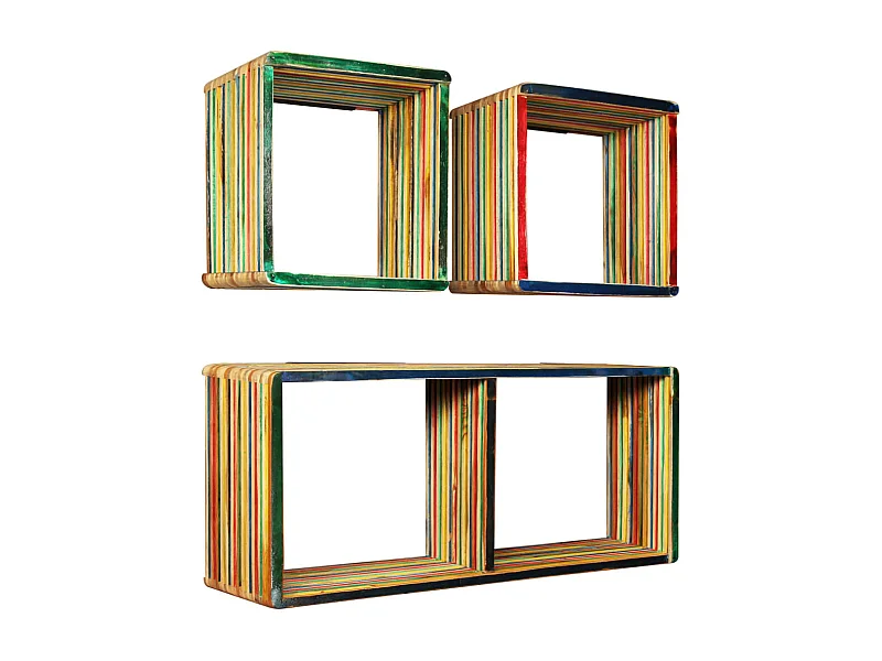 3-delige wandplankenset, massief gerecycled teakhout, veelkleurig