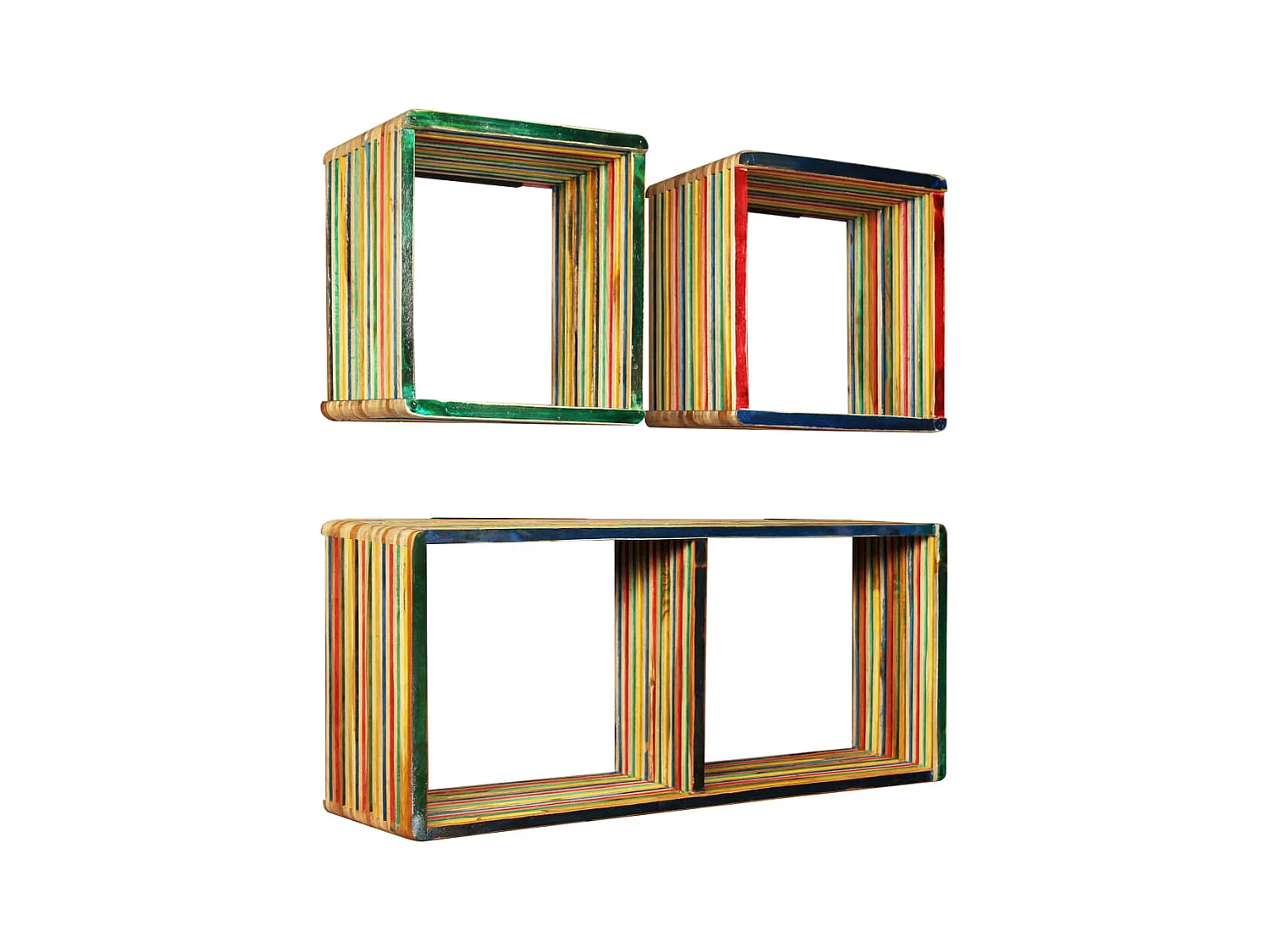 3-delige wandplankenset, massief gerecycled teakhout, veelkleurig