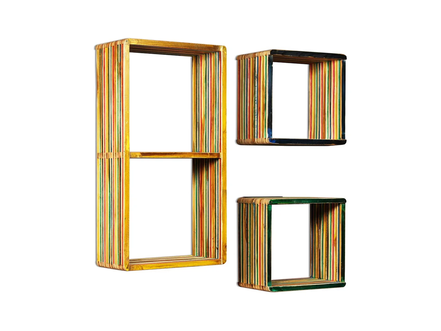 3-delige wandplankenset, massief gerecycled teakhout, veelkleurig