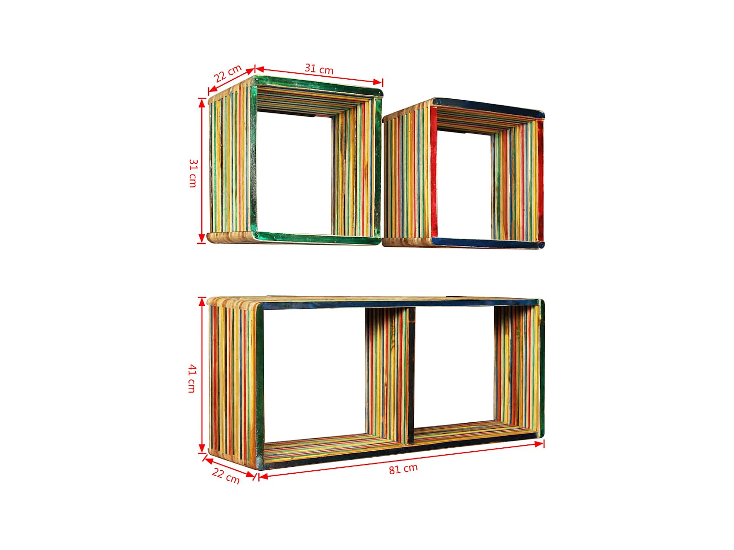 3-delige wandplankenset, massief gerecycled teakhout, veelkleurig