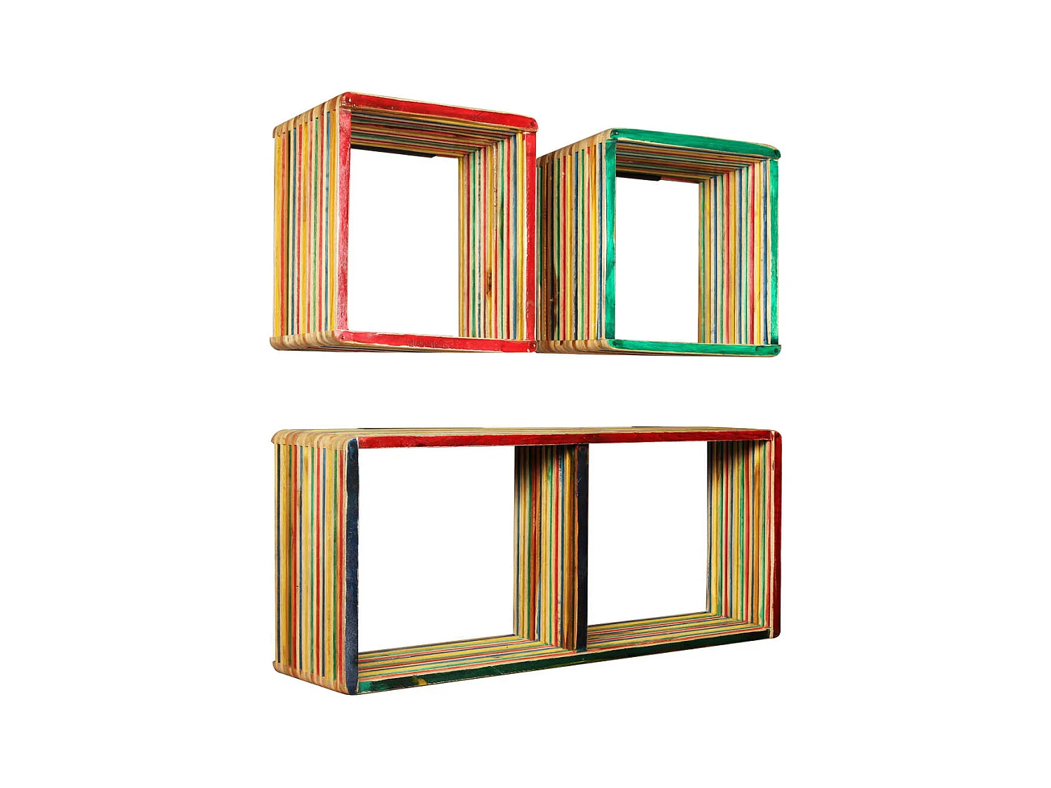 3-delige wandplankenset, massief gerecycled teakhout, veelkleurig