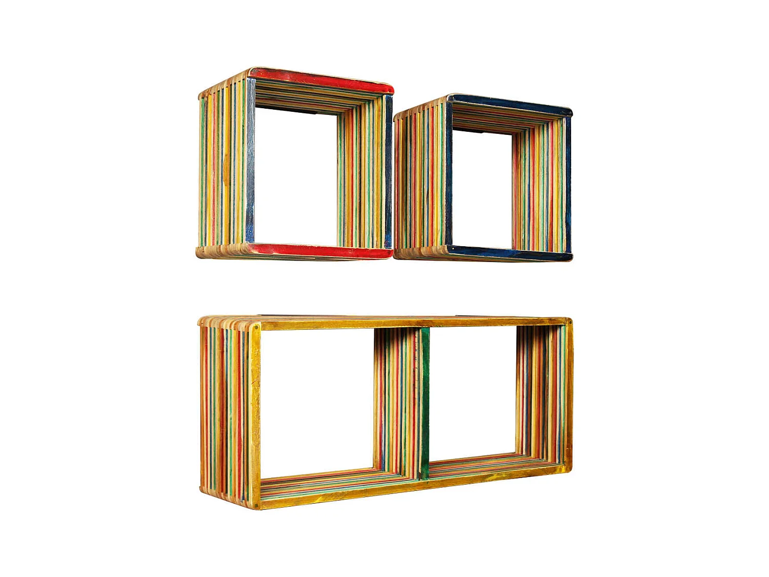 3-delige wandplankenset, massief gerecycled teakhout, veelkleurig