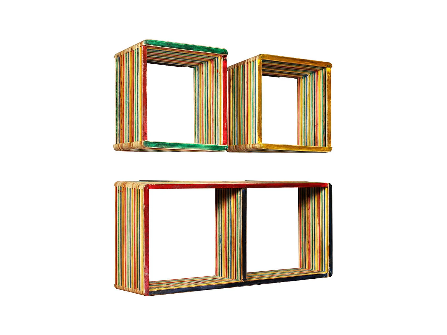 3-delige wandplankenset, massief gerecycled teakhout, veelkleurig