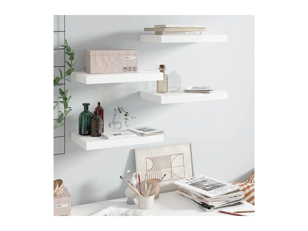 Mensola da parete sospesa 4 pezzi Bianco lucido 40x23x3,8 cm MDF